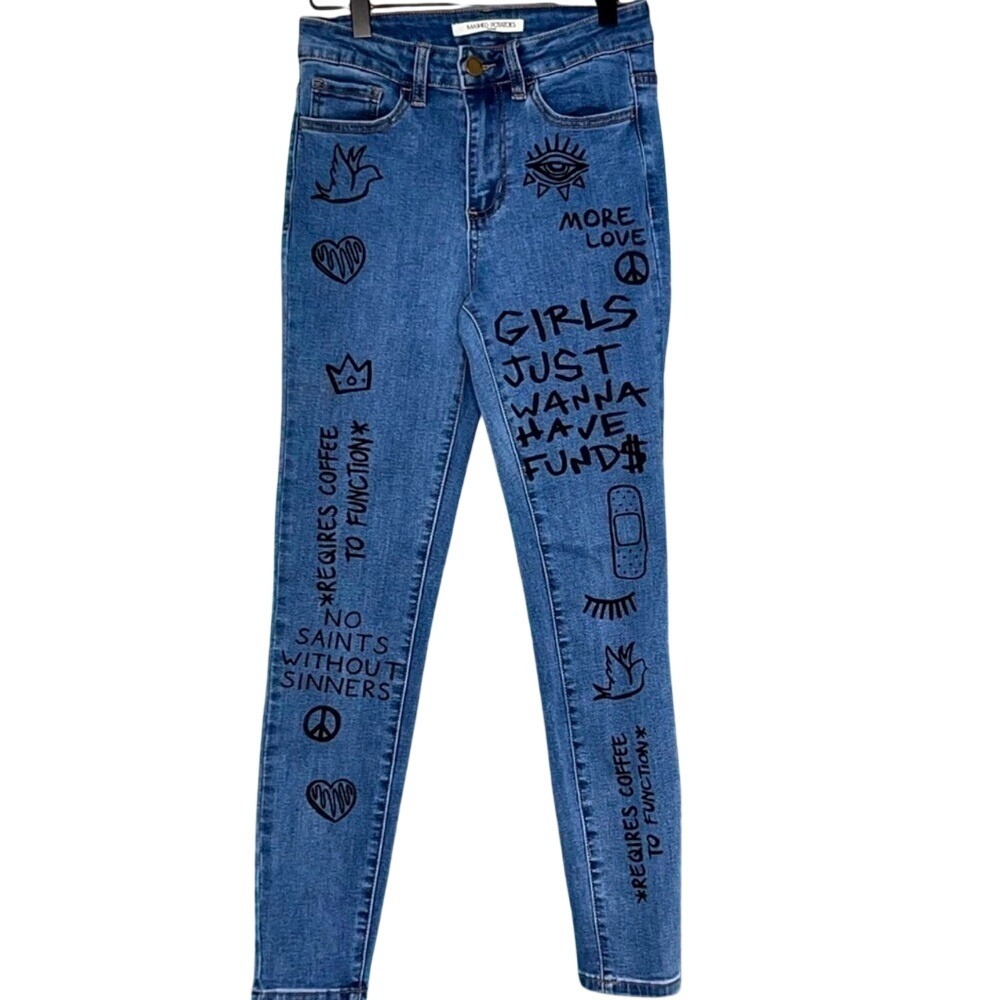 Mashed Potatoes Graphic Jeans 26‎ High Rise Graffiti LA Streetwear Skinny Ankle